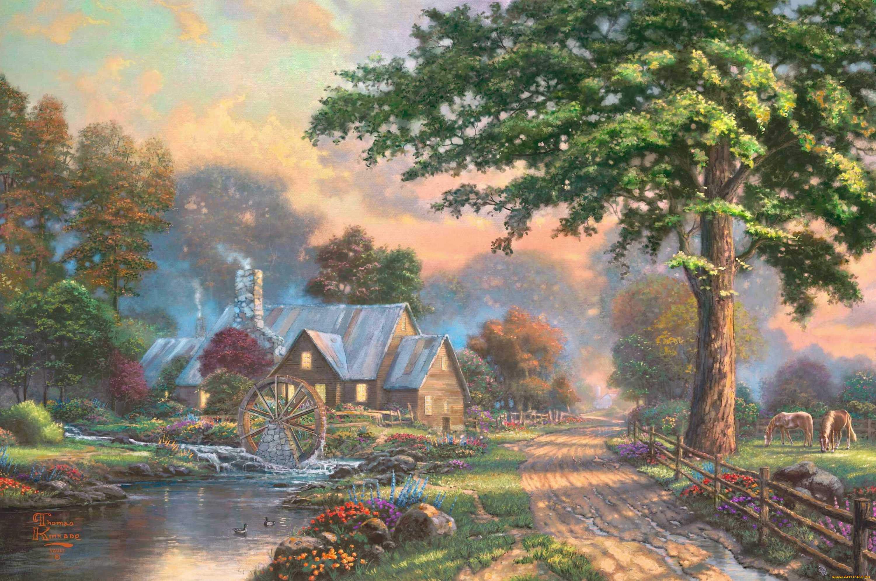 Обои Simpler Times Рисованное Thomas Kinkade, обои для рабочего стола,  фотографии simpler times, рисованные, thomas kinkade, деревня, дом, лошадь,  река, ручей Обои для рабочего стола, скачать обои картинки заставки на  рабочий стол.